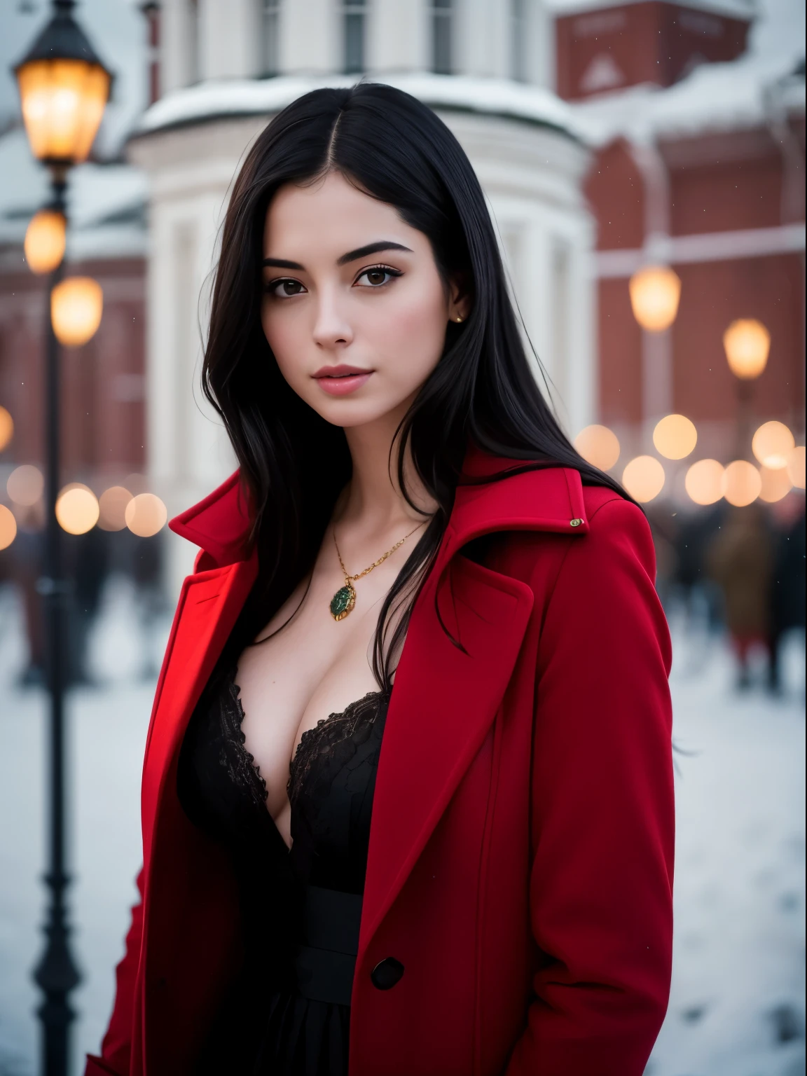 Photo of a 30-year-old girl, ((( Anne Hathaway:Selena Gomez:0.6))) , Raw beautiful woman (Black long straight hair), ((Portrait)), ((Detailed face:1.2)), ((detailed facial features, finely detailed skin), pale skin, Clothes with cleavage visible, A sexy(cold color), Reflectorasutepiece) (perfectly proportions)(photos realistic)(Best Quality) (Detailed) photographed in a Canon EOS R5, 50mm Lens, F/2.8, nffsrinning)Smiled、 (Wallpaper) (Cinematic lighting) (Dramatic Lighting) (foco nítido) (Convoluted) Standing with a coat on、moscow、Red Square、nighttime scene、Full Body Photo Standing、Fashion show Moscow、Light up Vasilii Cathedral