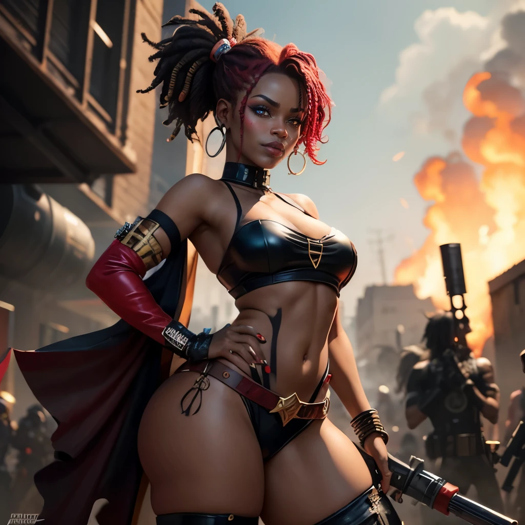 Ebony African holding rocket launcher, gold jewelry, y red and white Harley Quinn clothes, pistols, dreads, sexthic, explosions in background, sinister smirk, only five digits on each hand, fire in background, mayhem in background, 