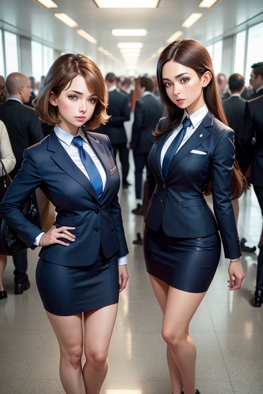 {{mature woman, white people}}, looking at the viewer, hazel eyes, very detailed, medium breasts, brown hair, airport, flight attendant, uniform, blue blazer, blue tie, blue skirt, midium skirt, pencil skirt, Blue High Heels, Happy, 最high quality, high quality, very detailed anime screencap, {{{{Crowded, multiple girls, Thousands of sisters, Millions of sisters,Billions of sisters, clone, Doppelganger, matching outfit, hairstyle that suits you}}}}, whole body