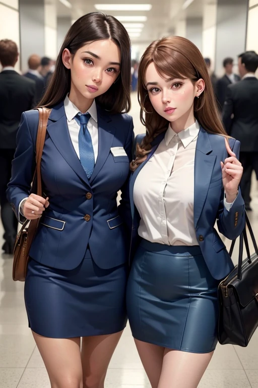 {{mature woman, white people}}, looking at the viewer, hazel eyes, very detailed, medium breasts, brown hair, airport, flight attendant, uniform, blue blazer, blue tie, blue skirt, midium skirt, pencil skirt, Blue High Heels, Happy, 最high quality, high quality, very detailed anime screencap, {{{{Crowded, multiple girls, Thousands of sisters, Millions of sisters,Billions of sisters, clone, Doppelganger, matching outfit, hairstyle that suits you}}}}, whole body