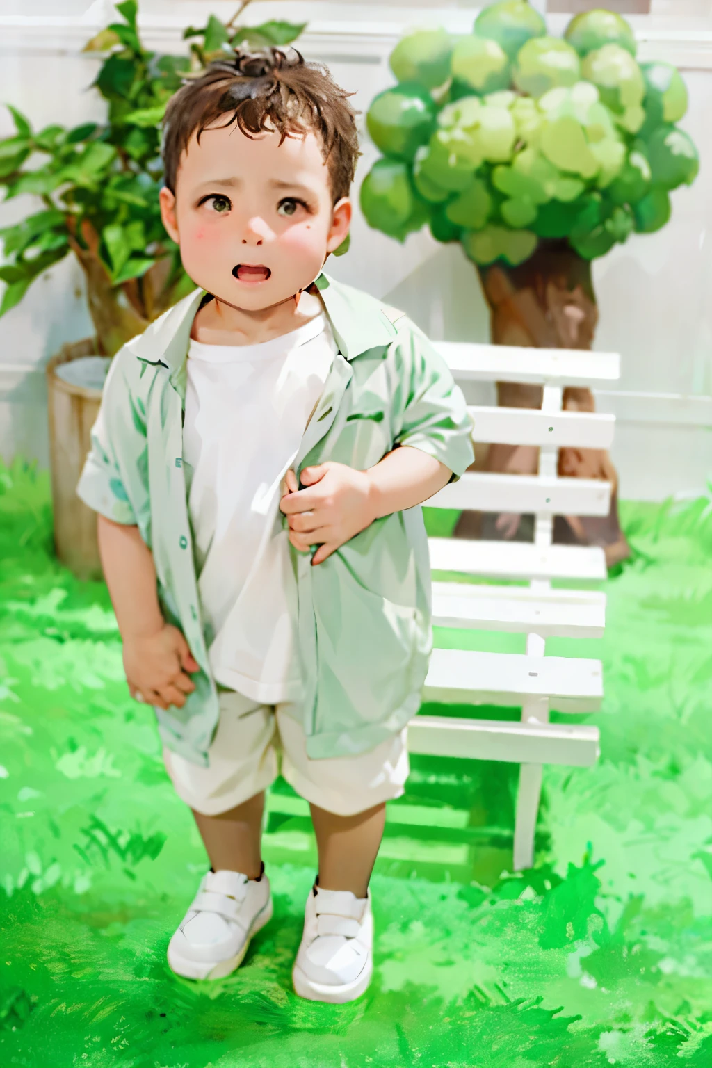 there is a standing in front of a bench, 🤬 🤮 💕 🎀, 2 anos de idade, garoto fofo, foto de corpo inteiro, 😭 🤮 💕 🎀, roupas verdes, selva ao seu redor, cute and adorable, adorable and cute, muito fofo e infantil, garotinho, forest themed, jovem e fofo, Riyad Cassiem