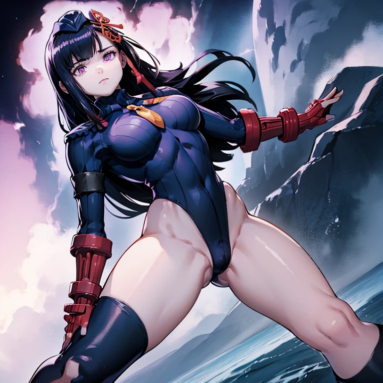 ultra-detailed, Explicit, Beautiful body, Beautiful Nose, Beautiful character design, perfect eyes, perfect face, ultra highres, 4K, beautiful legs, perfect legs, Nice hands, Perfect hand, Masterpiece, Best Quality, Highly detailed, illustration, absurdres, perfect anatomy, street fighter, doll suit, shadaloo doll, dollsuit, girls, multiple girls, expressionless, blank eyes, looking at viewer, red gloves, emotionless, black latex, corrution, mind control, female combatant, full body, hypnotized, unhappy trance, full body suit, ribbed bodysuit, both arms at side, obey, perfect female body, extremely glossy latex, hypnosis, hypnoLora, empty eyes, Mind control device, poses, submissive_pose, Slave, hat, necktie, stand up straight, standing, standing at attention, hat, necktie, belt, latex, ribbed bodysuit, thighhighs, garter belt, Fighting Stance, military, thigh boots, 1girl, Solo, Yamashiro Ren, Mato Seihei no Slave, black hair, long hair, purple eyes, hair ornaments