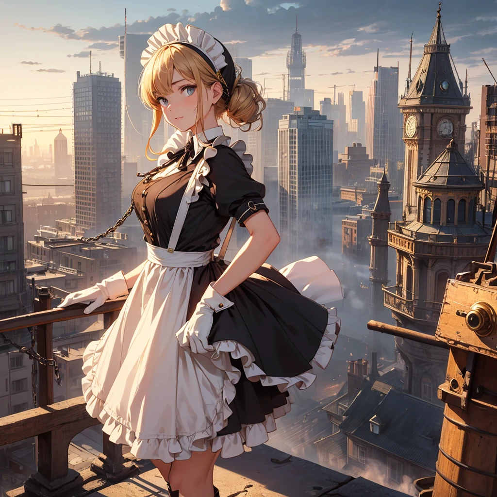 (masterpiece), best quality, expressive eyes, perfect face, ((perfect anatomy, best hands)), 1girl, (solo:1.5), a maid with a huge Winding Key at her back in steampunk style ((holding a machine)) standing on the top of stairroom, blond, gear,dial, boots, (white_apron:1.3),(maid headdress:1.3), black_dress,steampunk, gloves, belt puch, boots, suspenders, chain), (outdoors:1.5),London,street,Victorian era,(fog:1.5,steam:1),orange_sky,city view,(from_above:1.1)