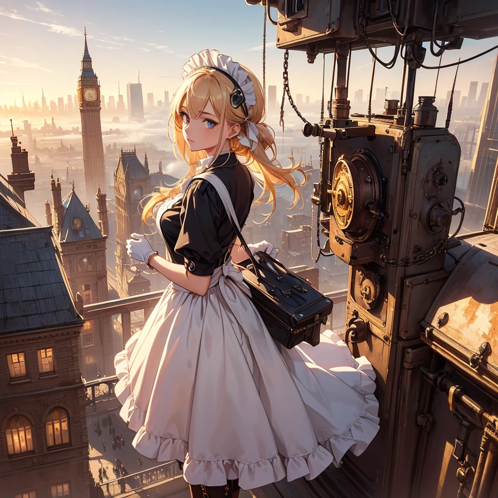 (masterpiece), best quality, expressive eyes, perfect face, ((perfect anatomy, best hands)), 1girl, (solo:1.5), a maid with a huge Winding Key at her back in steampunk style ((holding a machine)) standing on the top of stairroom, blond, gear,dial, boots, (white_apron:1.3),(maid headdress:1.3), black_dress,steampunk, gloves, belt puch, boots, suspenders, chain), (outdoors:1.5),London,street,Victorian era,(fog:1.5,steam:1),orange_sky,city view,(from_above:1.1)