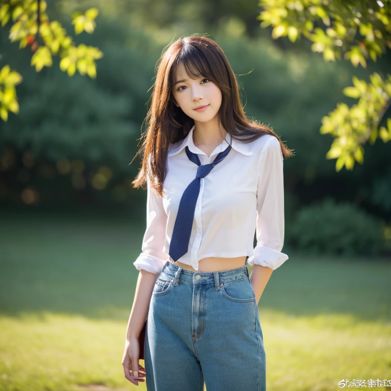(high quality, 4K, HDR) girl、big chest、cute、Rough style with pants style、Big eyes and semi-long hair、The whole body is photographed from a distance.