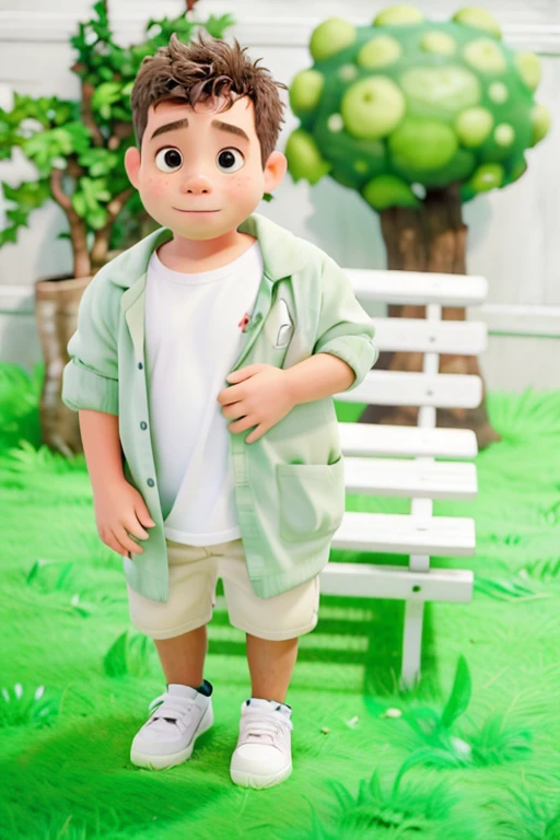 there is a small child standing in front of a bench, 🤬 🤮 💕 🎀, 2 anos de idade, garoto fofo, foto de corpo inteiro, 😭 🤮 💕 🎀, roupas verdes, selva ao seu redor, cute and adorable, adorable and cute, muito fofo e infantil, garotinho, forest themed, jovem e fofo, Riyad Cassiem