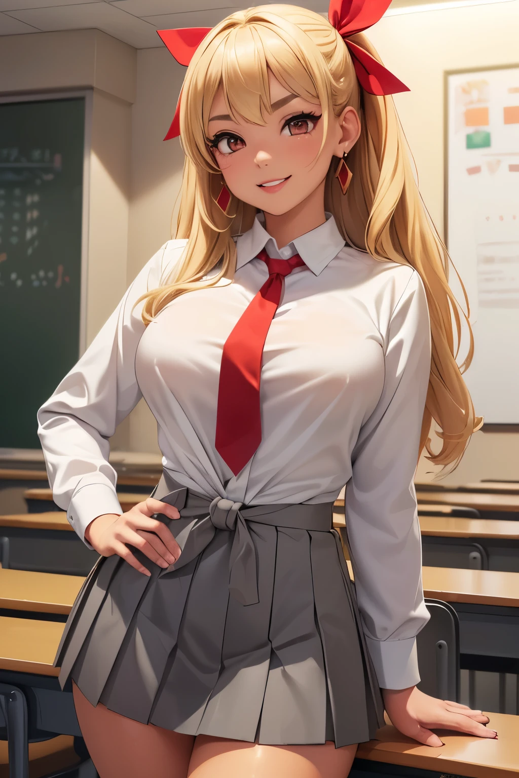 (extremely details CG, Unity, 8K Wallpaper extremely delicate and beautiful), (​masterpiece), (top-quality:1.0), (超A high resolution:1.0), ((perfect proportion shot:1.0)), beautiful vibrant lighting, realistic shadow, [high resolution], ((brown tanned skin)), cute face, round eyes, red contact lens, slanted angled brow, 17 years old, bold expression, naughty smile, red lips, ((blonde dyed hair)), ((tied up hair)), (((medium breasts size))), plumpy body shape, gyaru girl, high school classroom, colorful necklaces, colorful bracelets, earrings, ((white long sleeve shirt)), ((red ribbon tie)), ((pleated grey square motif skirt)), ((waist up shot))