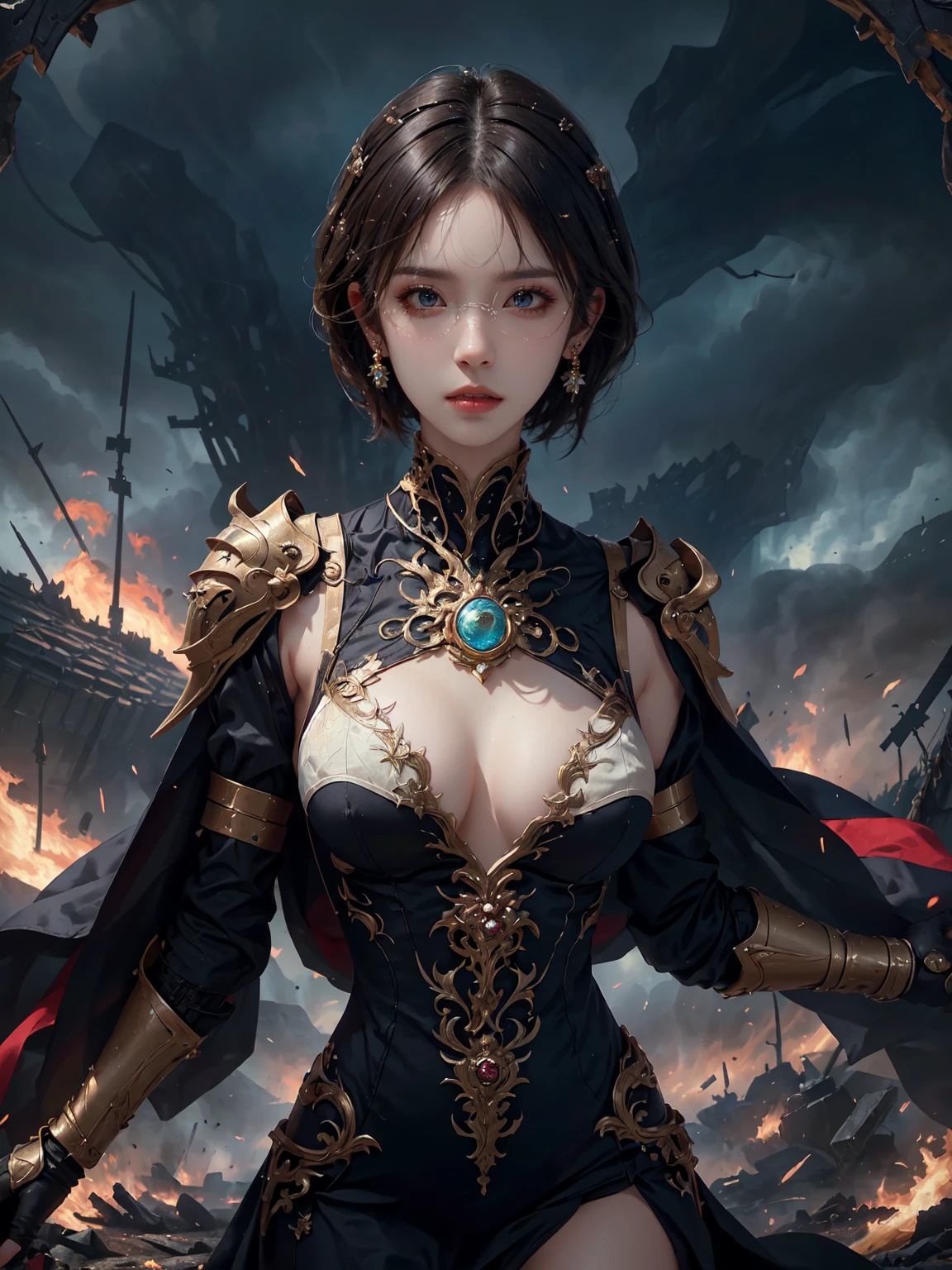 (masterpiece:1.3), live wallpaper, top-quality, Beautifully Aesthetic:1.2, ((1 girl)), solo, (red and white colors warrior diamond full armor and helmet), (black brown Hair, Straight hair, short hair), detailed face, detailed eyes, detailed ears, detailed lips, ((eye-glasses)), (perfect body (firm breast, nicely shaped breasts, slender figure)), (arms behind back), (full body shot:1.1), (From front:1.3), (Looking at viewer, confident expression, angry), (elegant stylish contraposto pose:1.2), (fighting on fantasy futuristic landscape:1.3), fantastic modern sky, castle, flames, weapons, trees, troops, battelfield, ((At the middle of war battlefield :1.2)), intricate background, ultra realistic background, chaos