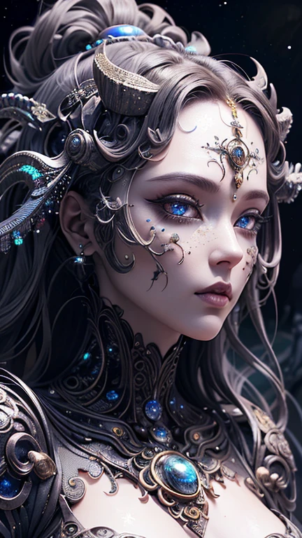 (best qualtiy,ultra - detailed,Most Best Illustration,Best shadow,tmasterpiece,A high resolution,professionalartwork,famousartwork),Detailed eyeeautidful eyes,closeup cleavage,sci-fy,colored sclera,Robot eyeace markings,Tattooed with,(fractalized,Fractal eyes),largeeyes,Wide eyes,(Eye focus),sface focus,Cosmic eyes,Space eyes,Close-up of metal sculpture of a woman with a moon in her hair,goddetremly high detail,3 d goddess portrait,Extremely detailed footage of the goddess,a stunning portrait of a goddess,Side image of the goddess,portrait of a beautiful goddesull body close-up portrait of the goddess,hecate goddess,portrait of a norse moon goddess,goddess of space and time