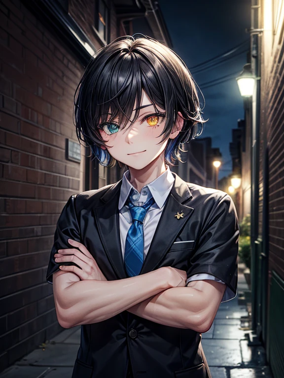 (masterpiece), best quality, high quality, dynamic light, 1boy, upper body, solo, crossed arms, school uniform, (blue tie), (heterochromia), (blue left eye, yellow right eye:1.1), smug face, smirk, (glowing yellow eye), (hairstyle: straight), black hair, middle hair, (hair covers the eye:1.2), night sky, dark alley, horror, brick wall behind