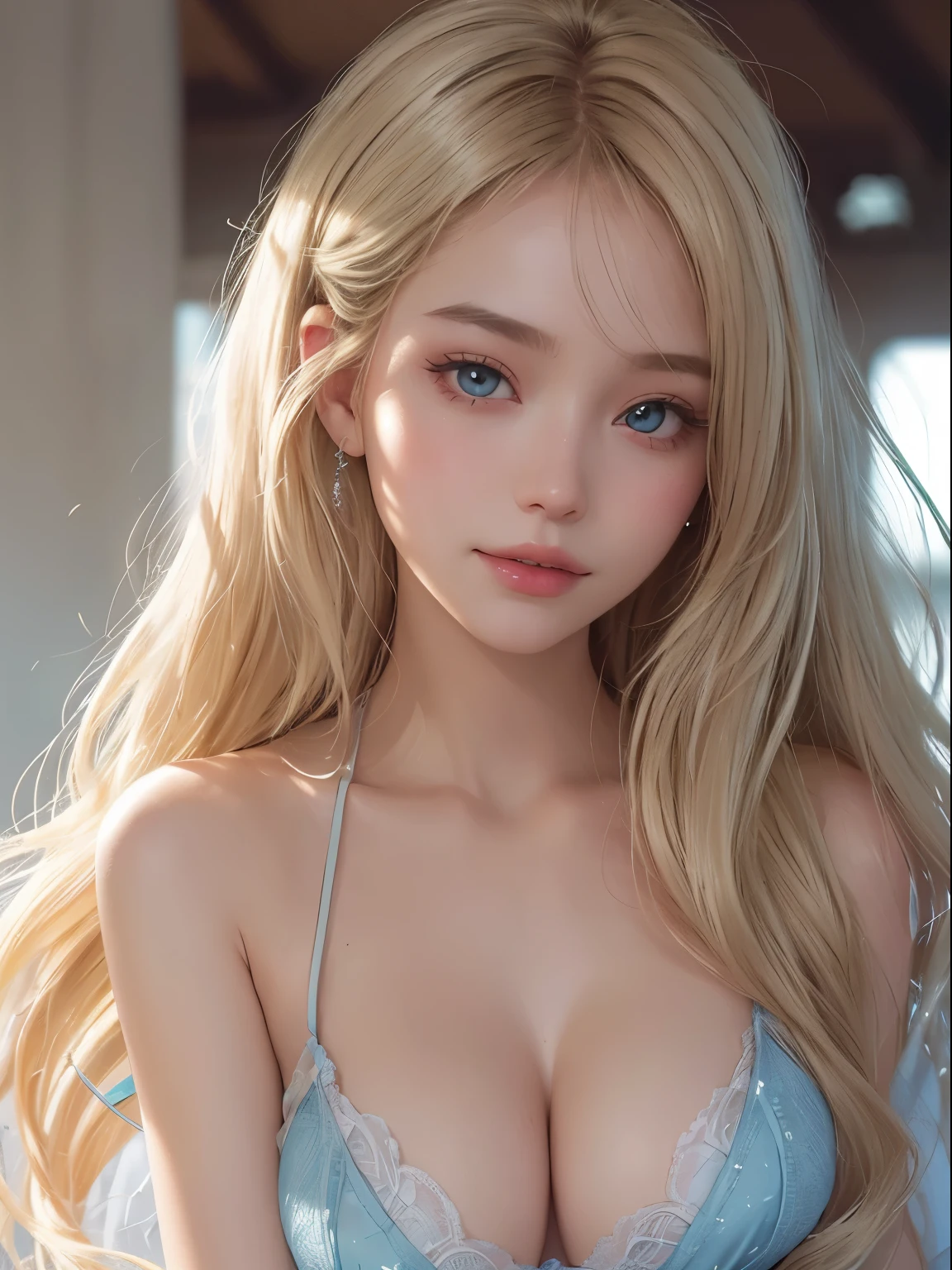 Stable Diffusion prompt: (Masterpiece, Best Quality, Ultra Detailed: 1.6), Illustration, (Single, 1 Girl,************, Beautiful honey yellow  Detailed Eyes: ), City, Street, Cute, Otherworld, Vibrant Colors, Warm Lighting, (enormous breasts), , (bare upper body),long blonde hair in a ponytail
