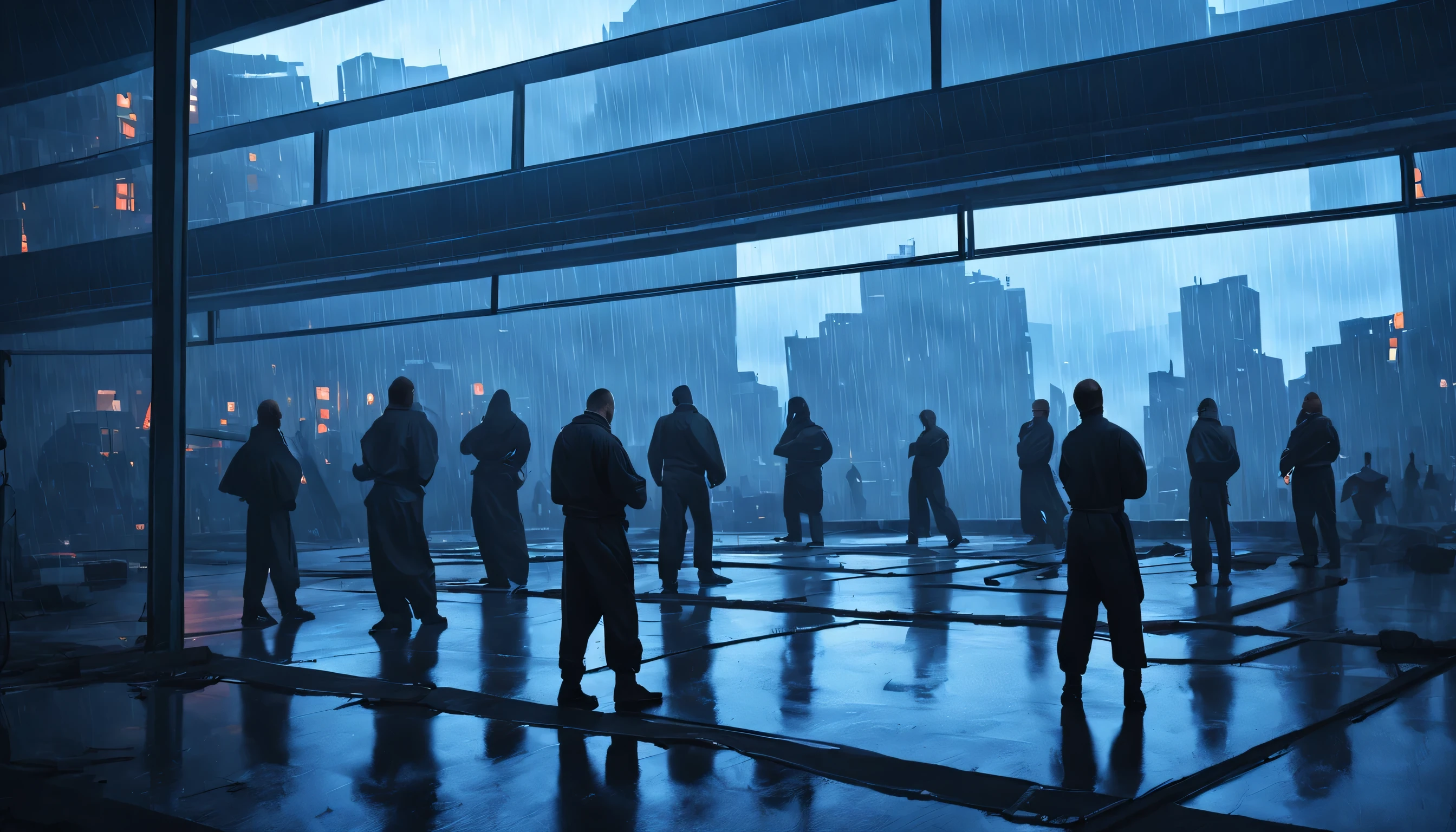 many big men are training in a martial arts open area, behind the windows is a very dark abandoned futuristic city, rainy night