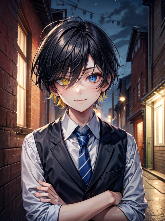 (masterpiece), best quality, high quality, dynamic light, 1boy, upper body, solo, crossed arms, school uniform, (blue tie), (heterochromia), (blue left eye, yellow right eye:1.1), smug face, smirk, (glowing yellow eye), (hairstyle: straight), black hair, middle hair, (hair covers the eye:1.2), night sky, dark alley, horror, brick wall behind