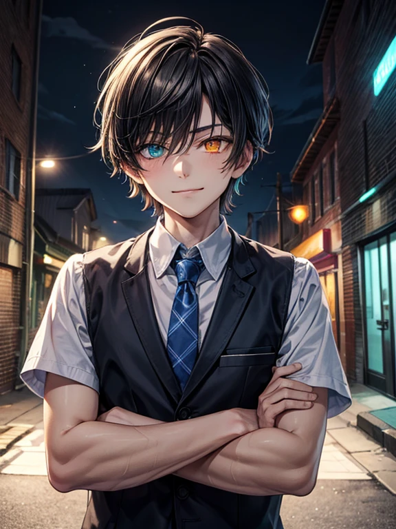 (masterpiece), best quality, high quality, dynamic light, 1boy, upper body, solo, crossed arms, school uniform, (blue tie), (heterochromia), (blue left eye, yellow right eye:1.1), smug face, smirk, (glowing yellow eye), (hairstyle: straight), black hair, middle hair, (hair covers the eye:1.2), night sky, dark alley, horror, brick wall behind