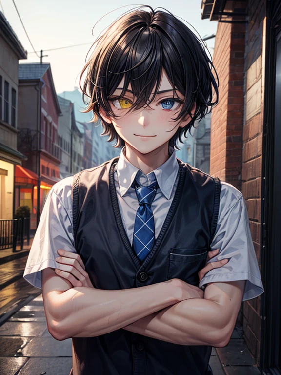 (masterpiece), best quality, high quality, dynamic light, 1boy, upper body, solo, crossed arms, school uniform, (blue tie), (heterochromia), (blue left eye, yellow right eye:1.1), smug face, smirk, (glowing yellow eye), (hairstyle: straight), black hair, middle hair, (hair covers the eye:1.2), night sky, dark alley, horror, brick wall behind