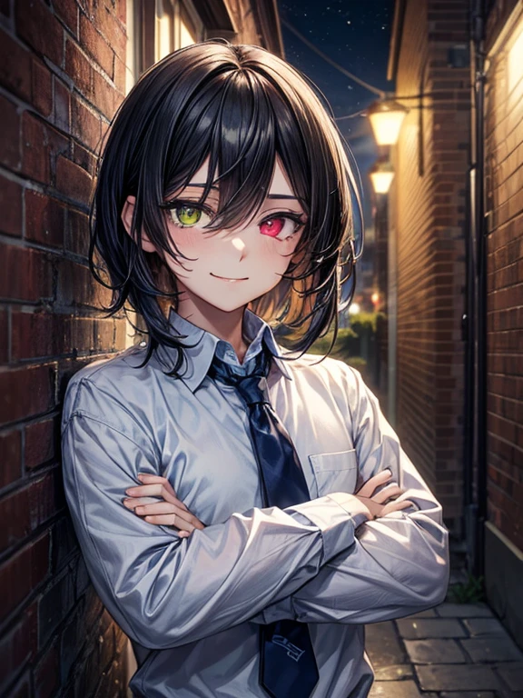(masterpiece), best quality, high quality, dynamic light, 1boy, upper body, solo, crossed arms, school uniform, (blue tie), (heterochromia), (blue left eye, yellow right eye:1.1), smug face, smirk, (glowing yellow eye), (hairstyle: straight), black hair, middle hair, (hair covers the eye:1.2), night sky, dark alley, horror, brick wall behind
