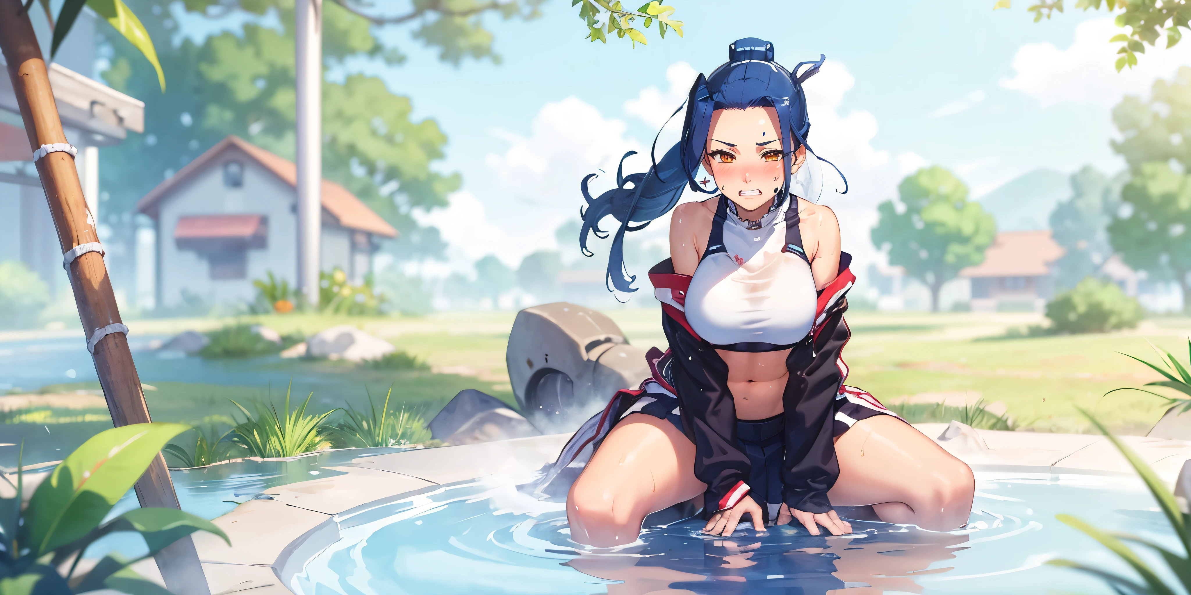 blue hair, ponytail, brown eyes, breasts, epic art, fantasy, breasts, solo, (shaded face:1.2), hollow eyes, (x-shaped eyes, symbol shaped eyes, cross eyes), looking at viewer, embarrassed, lips, makeup, brown eyes, blush face, steaming face, clenched teeth, 1girl, sportswear, skirt, navel, blurry, sweat, looking_at_viewer, breasts, lips, toned, sports_bra, blurry_background, black_skirt, forehead, field, reflective water, wet, sweating, steaming body,
