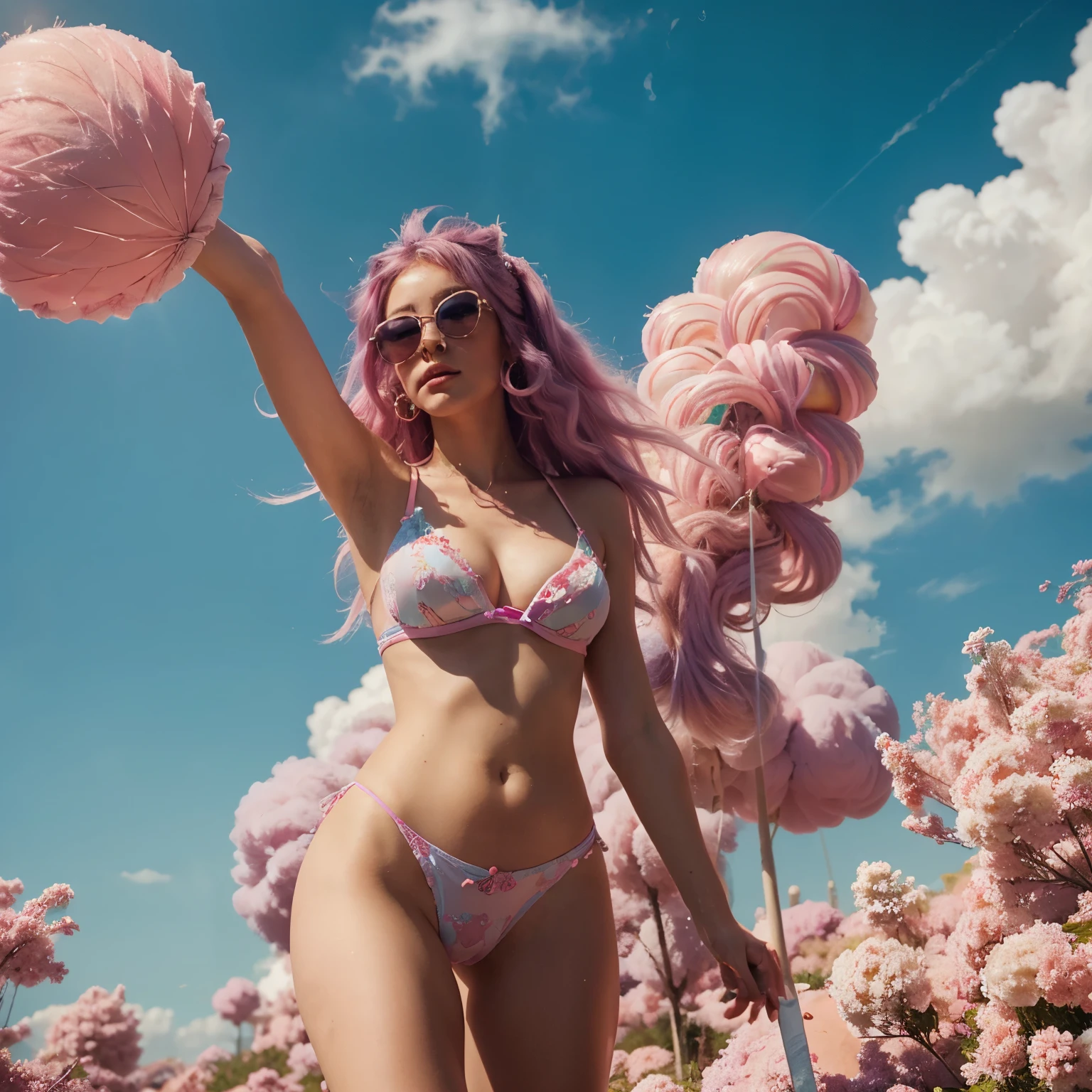 Mid shot of a Tall Woman with high top pastel coloured fluffy fairy floss like hair and lollipop like sunglasses holding a giant lollipop in a fantasy style candy world, soft retro style, studio quality, epic masterpiece, trending on artstation, wispy, whimsical, magical, cinematic lighting, 8 k octane detailed render, modern, victoria's secret, award winning,  artwork by Botticelli, high res