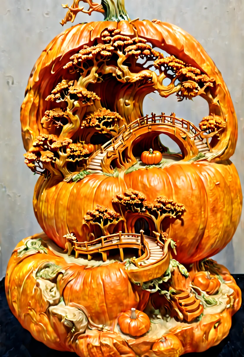 chinese pavilion, bridge, (3d Pumpkin Carving), carved out of a pumpkin, smooth surface, clean lines, octane render, fantasy art, whimsical, intricate, (best quality, masterpiece, Representative work, official art, Professional, 8k)