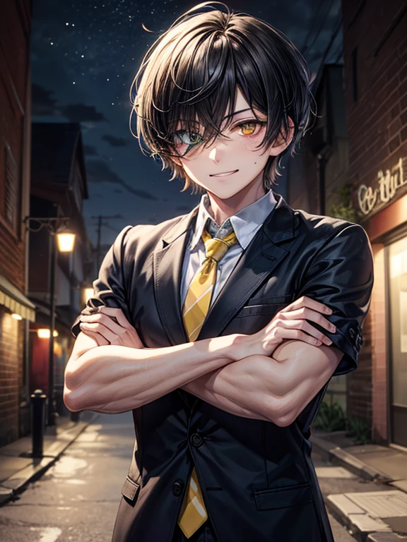 (masterpiece), best quality, high quality, dynamic light, 1boy, upper body, solo, crossed arms, school uniform, (blue tie), (heterochromia), (blue left eye, yellow right eye:1.1), smug face, smirk, (glowing yellow eye), (hairstyle: straight), black hair, middle hair, (hair covers the eye:1.2), night sky, dark alley, horror, brick wall behind