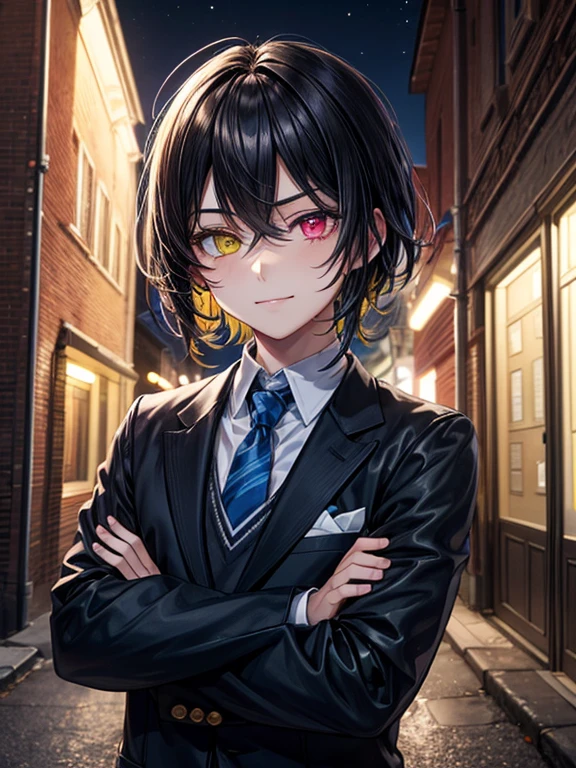 (masterpiece), best quality, high quality, dynamic light, 1boy, upper body, solo, crossed arms, school uniform, (blue tie), (heterochromia), (blue left eye, yellow right eye:1.1), smug face, smirk, (glowing yellow eye), (hairstyle: straight), black hair, middle hair, (hair covers the eye:1.2), night sky, dark alley, horror, brick wall behind