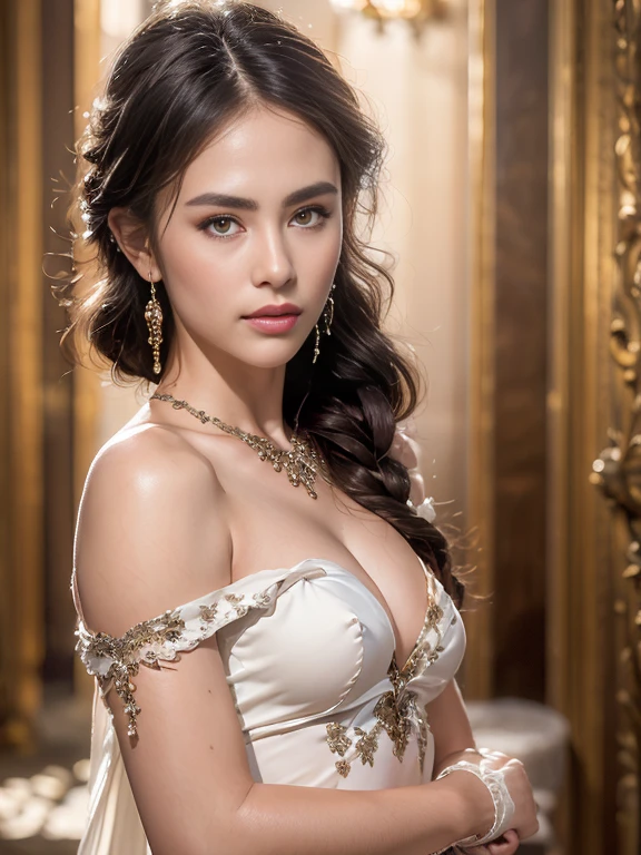 best quality, masterpiece, (photorealistic:1.4), 1girl, cowboy shot, luxury elegant bare shoulder deep v wedding dress, dramatic lighting, hair over shoulders, white gloves, v arms, luxury hall background, night, japanese face, braid hair,small breast