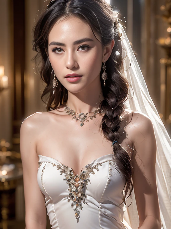 best quality, masterpiece, (photorealistic:1.4), 1girl, cowboy shot, luxury elegant bare shoulder deep v wedding dress, dramatic lighting, hair over shoulders, white gloves, v arms, luxury hall background, night, japanese face, braid hair,small breast