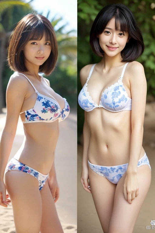 Innocent Japanese girl,high teenager,やせてbreasts are smallがお尻は大きい女性,Walking full body photo,Walking figure、Stretched figure, Photo from thighs up (detailed body,bust is small,breasts are small,constricted waist,thin waist,larger hips,thick thighs) (detailed photo composition,Photo from thighs up,camera is at eye level) (detailed face,elongated facial contour,Smile a little,sharp cheeks,round chin,clean nose) (detailed eyes,looking at the camera,thin cheeks,round chin,long eyes,beautiful eyes,dark blue eyes) (detailed hair,bob cut hair,slightly brown hair) (detailed costumes,White bra with floral pattern on small breasts,white panties with floral pattern) (Detailed shooting location,beach,sandy beach)