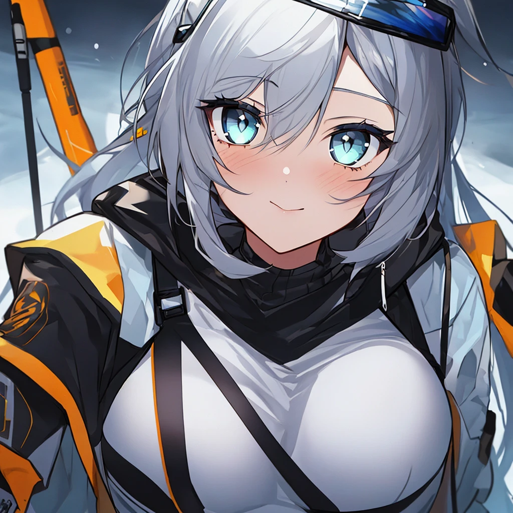 1 girl, Aurora \(Arknights\), PolarCatcher SkiingSuit, E1 EIClothing, E2 Elite2Outfit, Beautiful eyes, Clear eyes, Detailed eyes, Fantastic eyes, Fantastic face, Beautiful face, Slender body, Detailed picture, (Anime style), 8K. UHD, HDR10, 16K, ((Masterpiece)), full body in frame, 