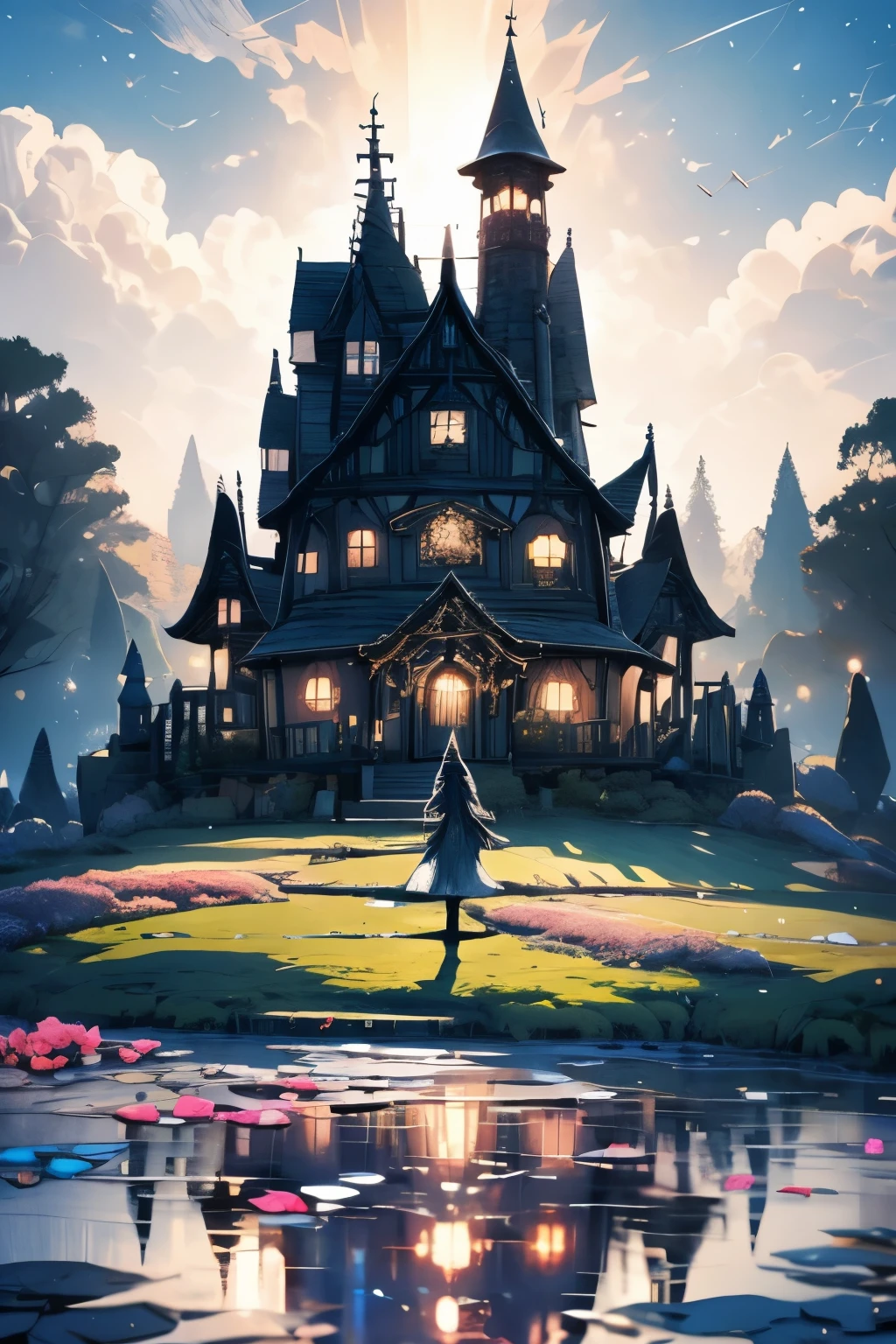 in the distance there is a magical witch's house