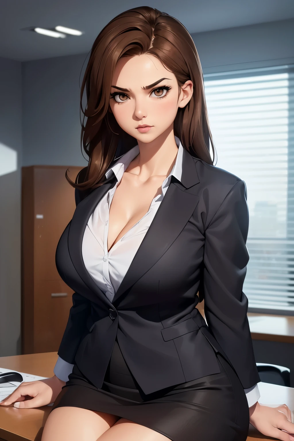 (extremely details CG, Unity, 8K Wallpaper extremely delicate and beautiful), (​masterpiece), (top-quality:1.0), (超A high resolution:1.0), ((perfect proportion shot:1.0)), beautiful vibrant lighting, realistic shadow, [high resolution], pretty face, slanted brown eyes, soft angled brow, 34 years old, arrogant expression, angry, ((brown hair)), ((semi-long shoulder-length hair)), (((medium breasts size))), plumpy body shape, office, office stuff, humiliating pose, dynamic angle, ((outer formal office suit)), opened suit, ((short skirt)), cleavage, office desk, ((waist up shot)))