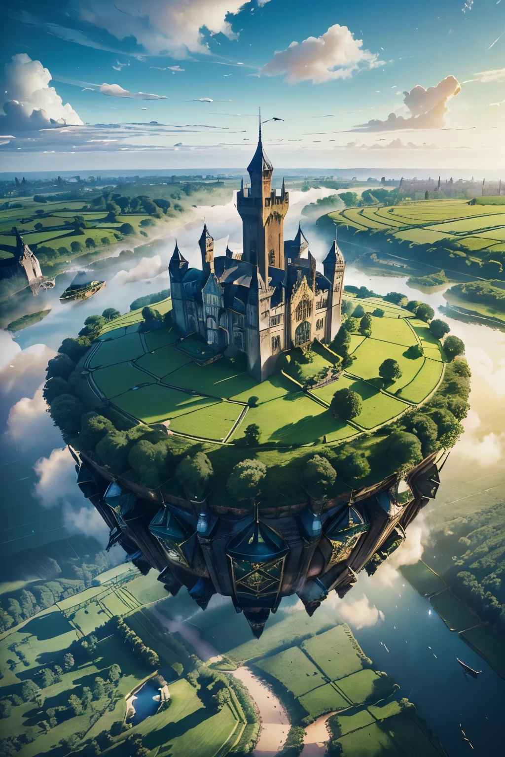 Magonia, (((an imaginary continent with lush forests, fields, sheep, castle, and villages))), (((floating in the sky))), ((floating far above Victorian London)). , ships sail through the clouds. The sky is blue and the sun is shining. , photorialistic,