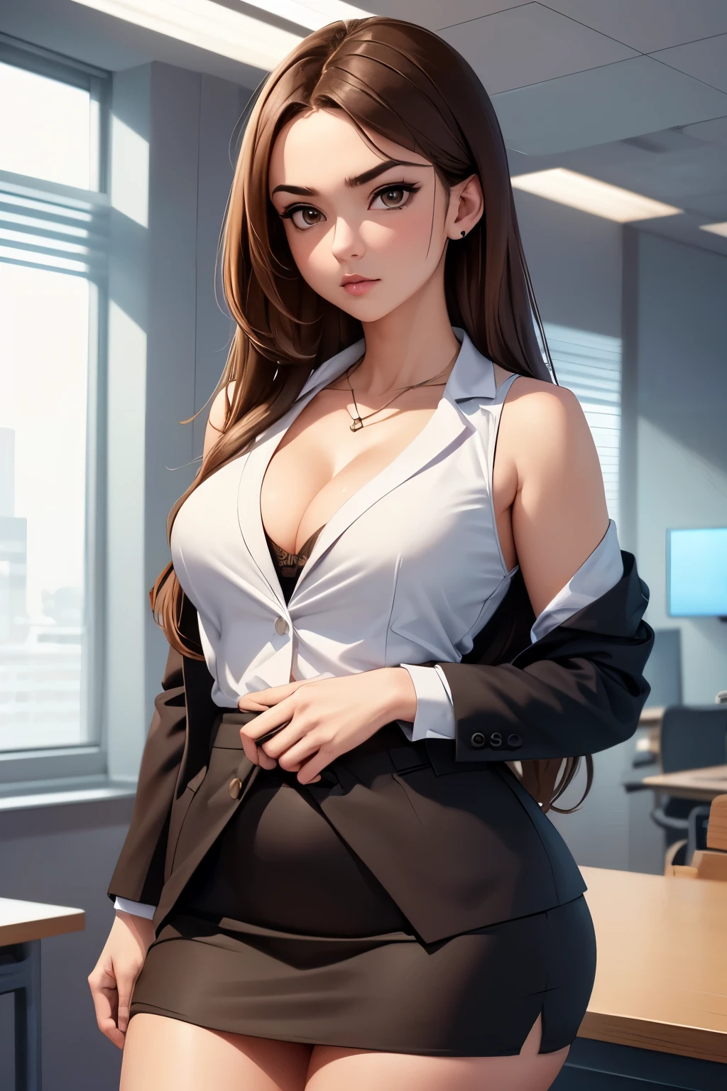 (extremely details CG, Unity, 8K Wallpaper extremely delicate and beautiful), (​masterpiece), (top-quality:1.0), (超A high resolution:1.0), ((perfect proportion shot:1.0)), beautiful vibrant lighting, realistic shadow, [high resolution], pretty face, slanted brown eyes, soft angled brow, 34 years old, arrogant expression, angry, ((brown hair)), ((semi-long shoulder-length hair)), (((medium breasts size))), plumpy body shape, office, office stuff, humiliating pose, dynamic angle, ((outer formal office suit)), opened suit, ((short skirt)), cleavage, office desk, ((waist up shot)))