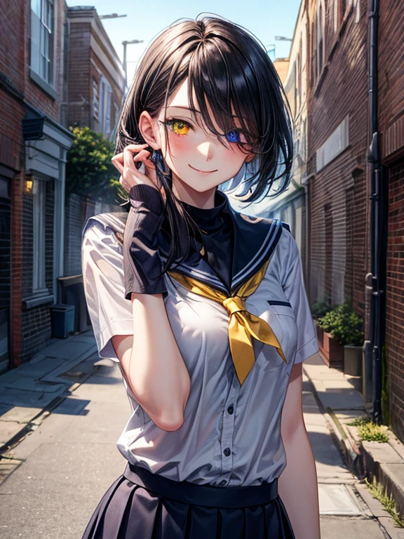 (masterpiece), best quality, high quality, dynamic light, 1boy, upper body, solo,  school uniform, (blue tie), (heterochromia), (blue left eye, yellow right eye:1.1), smug face, smirk, (glowing yellow eye), (hairstyle: straight), black hair, middle hair, (hair covers the eye:1.2), night sky, dark alley, horror, brick wall behind