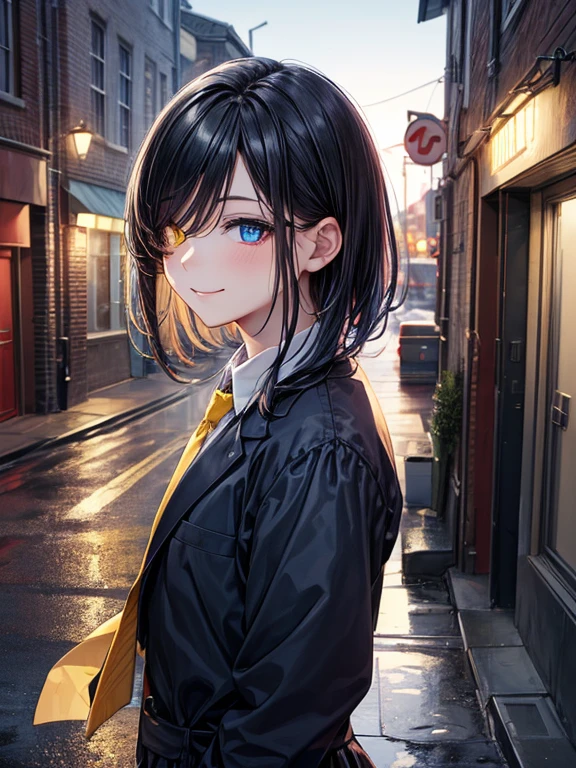 (masterpiece), best quality, high quality, dynamic light, 1boy, upper body, solo,  school uniform, (blue tie), (heterochromia), (blue left eye, yellow right eye:1.1), smug face, smirk, (glowing yellow eye), (hairstyle: straight), black hair, middle hair, (hair covers the eye:1.2), night sky, dark alley, horror, brick wall behind