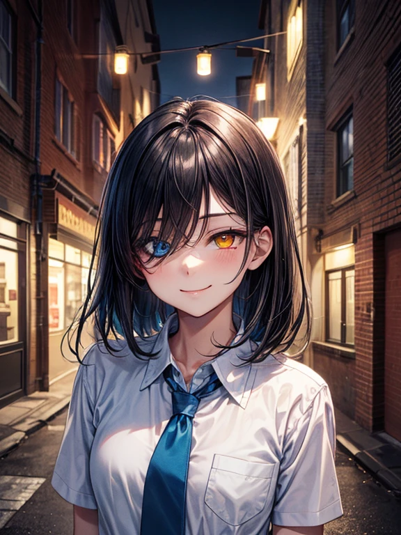 (masterpiece), best quality, high quality, dynamic light, 1boy, upper body, solo, school uniform, (blue tie), (heterochromia), (blue left eye, yellow right eye:1.1), smug face, smirk, (glowing yellow eye), (hairstyle: straight), black hair, middle hair, (hair covers the eye:1.2), night sky, dark alley, horror, brick wall behind