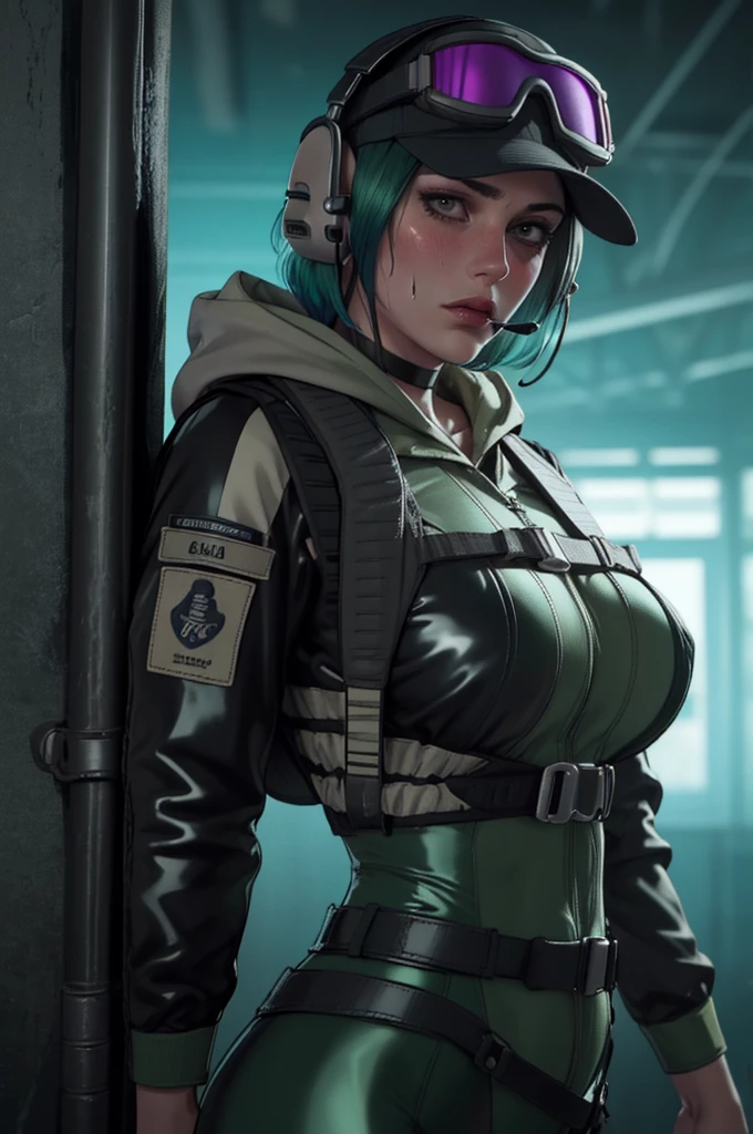 ela_(rainbow_six_siege), masterpiece, best quality, 1girl, solo, goggles, camouflage, backpack, hat, green hair, goggles on head, headset, realistic, short hair, jacket, upper body, headphones, military, looking at viewer, bag, lips, uniform, blurry,1girl,stripper pole,bunny ears,huge breast,abs,money,lights,black bunny suit,pantyhose,blush,latex catsuit, latex hood, latex tail, chains, choker, cuffs, ropes, harness, climax, torture, body writing, restrained, dungeon wall, dark room, dark atmosphere, sweat, pubic hair, skin pores, detailed skin, (realistic: 1.2), UHD, dramatic shadows, lighting global, high contrast, ela_(rainbow_six_siege), masterpiece, best quality, 1girl, solo, green hair, realistic, short hair, (insanely detailed, beautiful detailed face, beautiful detailed eyes, masterpiece, best quality)