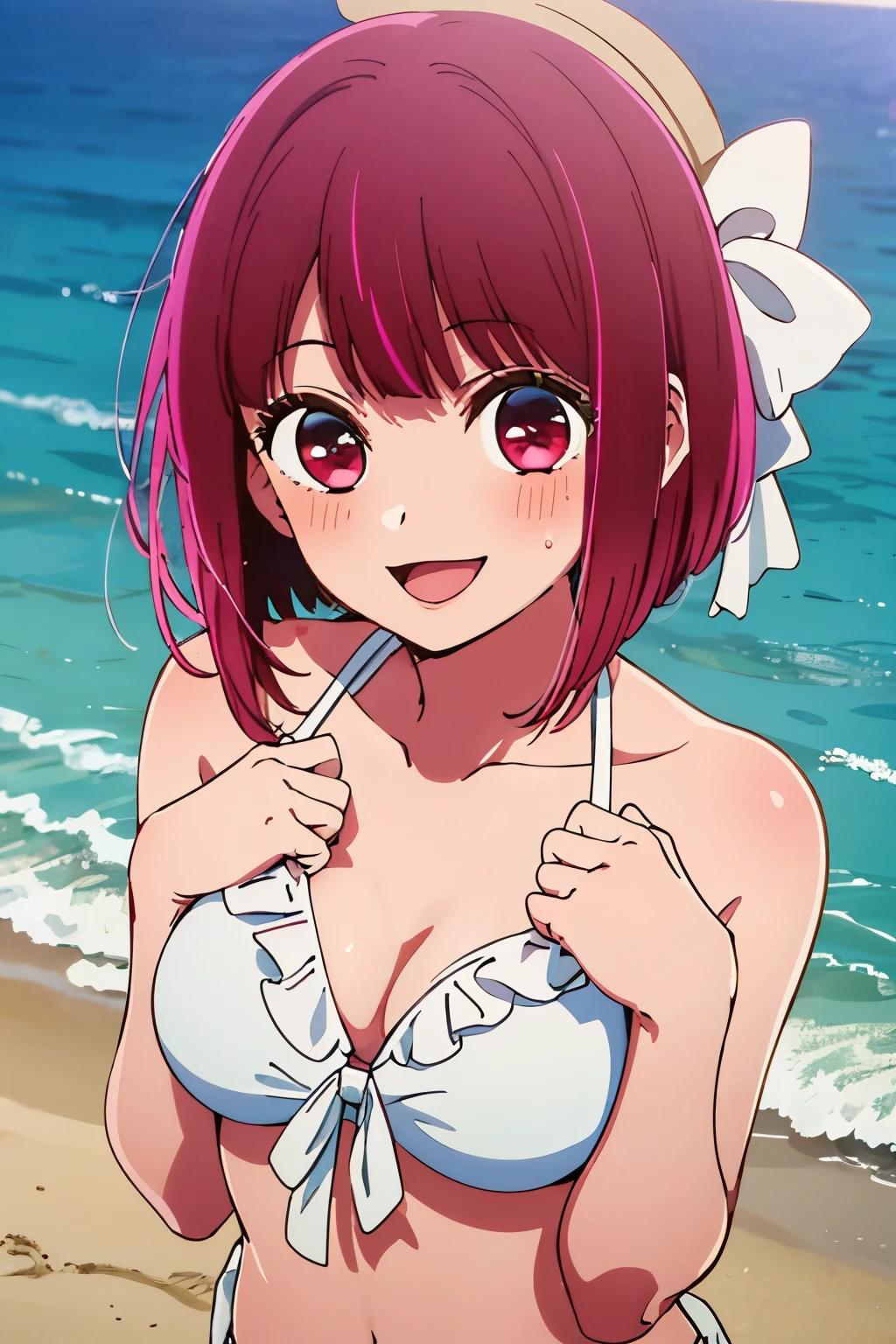 masterpiece, highest quality, ultra high resolution, highest quality, anime style, best writing, beautiful face, masterpiece, very detailed, (1 girl:1.2), redhead, (white bikini:1.3), frills, straw hat, (white ribbon on the chest:1.3), morning, beach background, 8K, short hair, shining eyes, (best smile:1.3), open your mouth, face focus, Wariza on the sandy beach, look up