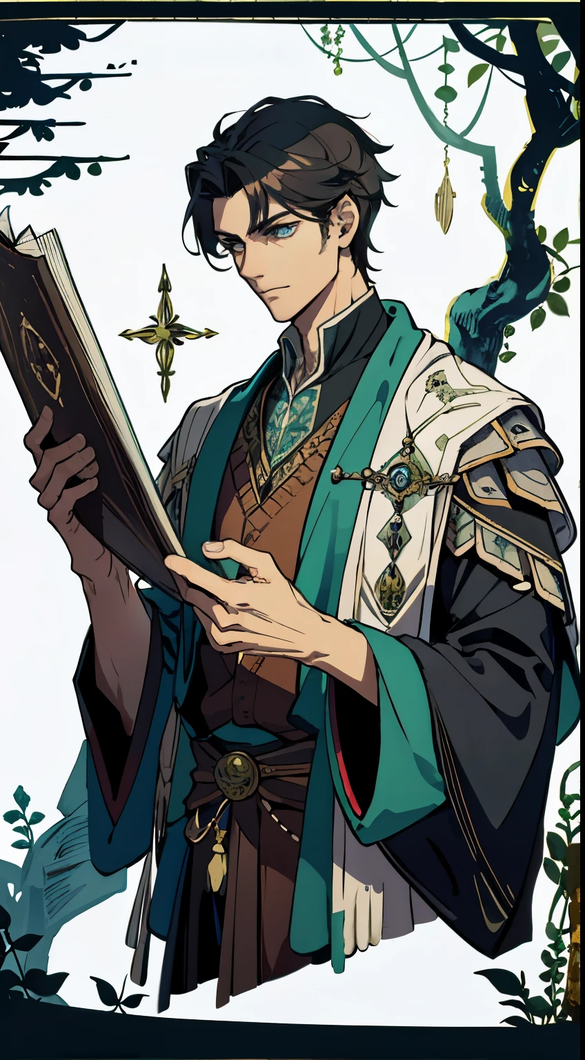 masterpiece, best quality, 1 male, , Tall and muscular, Handsome, delicate eyes, intricate details, wizard, Carved handle broom, Spell book containing various spells, Potion bottles with various ingredients, enchanted forest with a hidden wizard hut