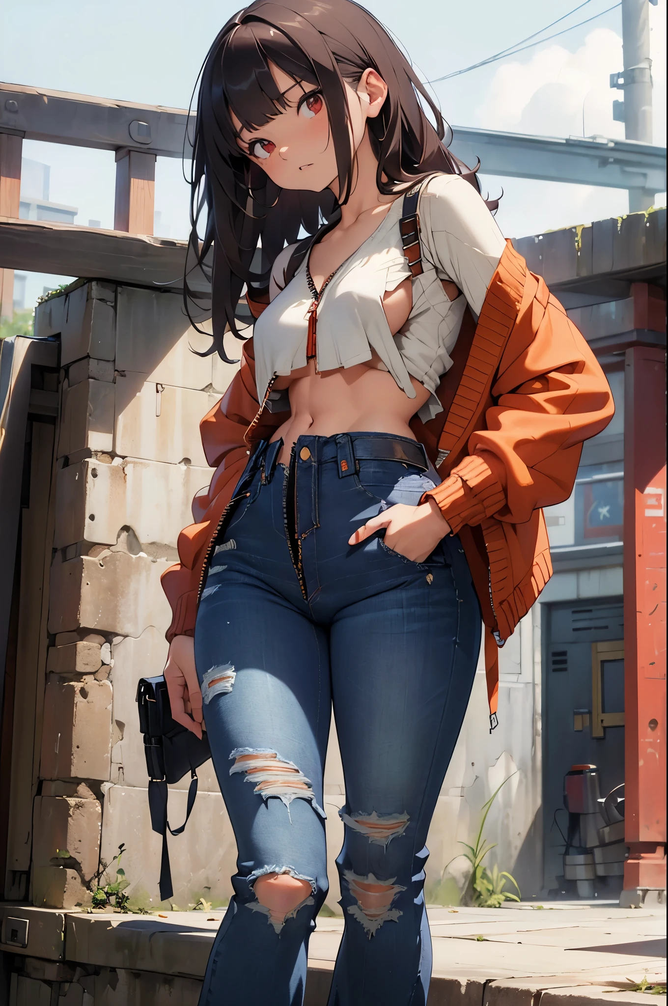 dedicated and beautiful girl,,brown hair,Bangs,Choke,long flowing hair,red eyes,((cardigan)),partial,droop,,separate,crop top,leveraction,(low-rise jeans:1.4),(Open jeans,fully unzipped jeans:1.4),(bushy:1.4),hands in pockets,half pants