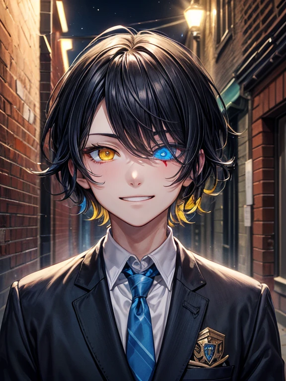 (masterpiece), best quality, high quality, dynamic light, 1boy, upper body, solo,  school uniform, (blue tie), (heterochromia), (blue left eye, yellow right eye:1.1), smug face, smirk, (glowing yellow eye), (hairstyle: straight), black hair, middle hair, (hair covers the eye:1.2), night sky, dark alley, horror, brick wall behind