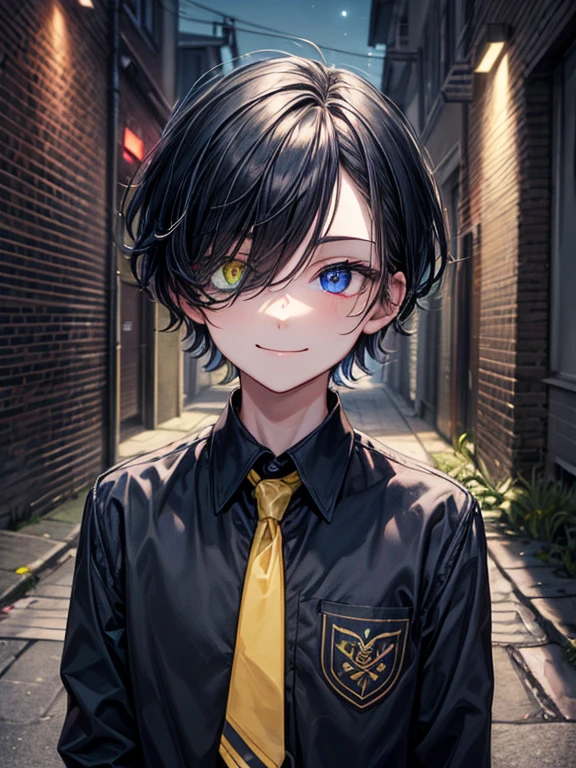 (masterpiece), best quality, high quality, dynamic light, 1boy, upper body, solo, school uniform, (blue tie), (heterochromia), (blue left eye, yellow right eye:1.1), smug face, smirk, (glowing yellow eye), (hairstyle: straight), black hair, middle hair, (hair covers the eye:1.2), night sky, dark alley, horror, brick wall behind