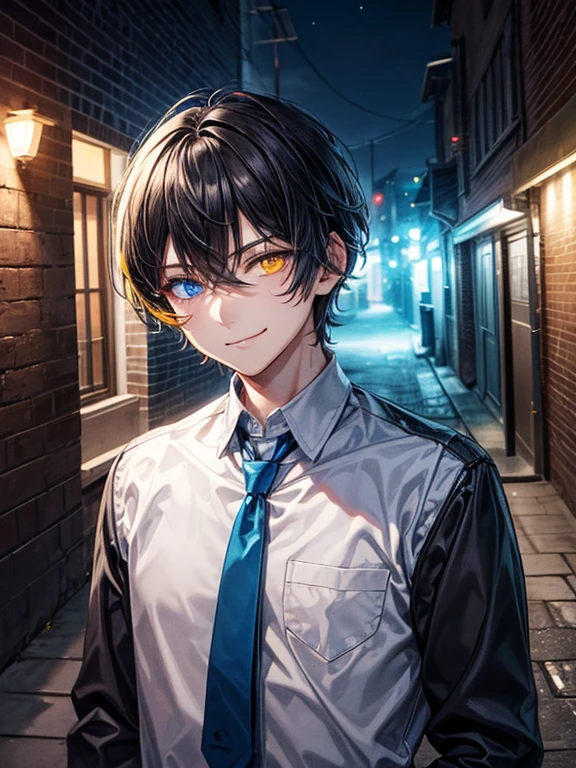 (masterpiece), best quality, high quality, dynamic light, 1boy, upper body, solo,  school uniform, (blue tie), (heterochromia), (blue left eye, yellow right eye:1.1), smug face, smirk, (glowing yellow eye), (hairstyle: straight), black hair, middle hair, (hair covers the eye:1.2), night sky, dark alley, horror, brick wall behind