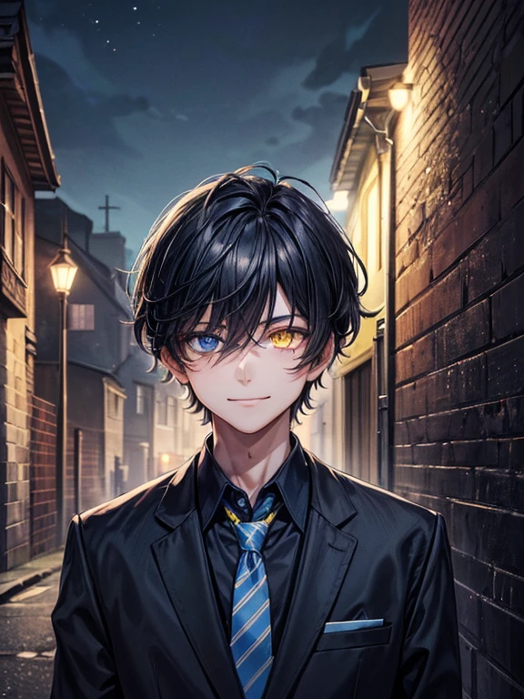 (masterpiece), best quality, high quality, dynamic light, 1boy, upper body, solo, school uniform, (blue tie), (heterochromia), (blue left eye, yellow right eye:1.1), smug face, smirk, (glowing yellow eye), (hairstyle: straight), black hair, middle hair, (hair covers the eye:1.2), night sky, dark alley, horror, brick wall behind
