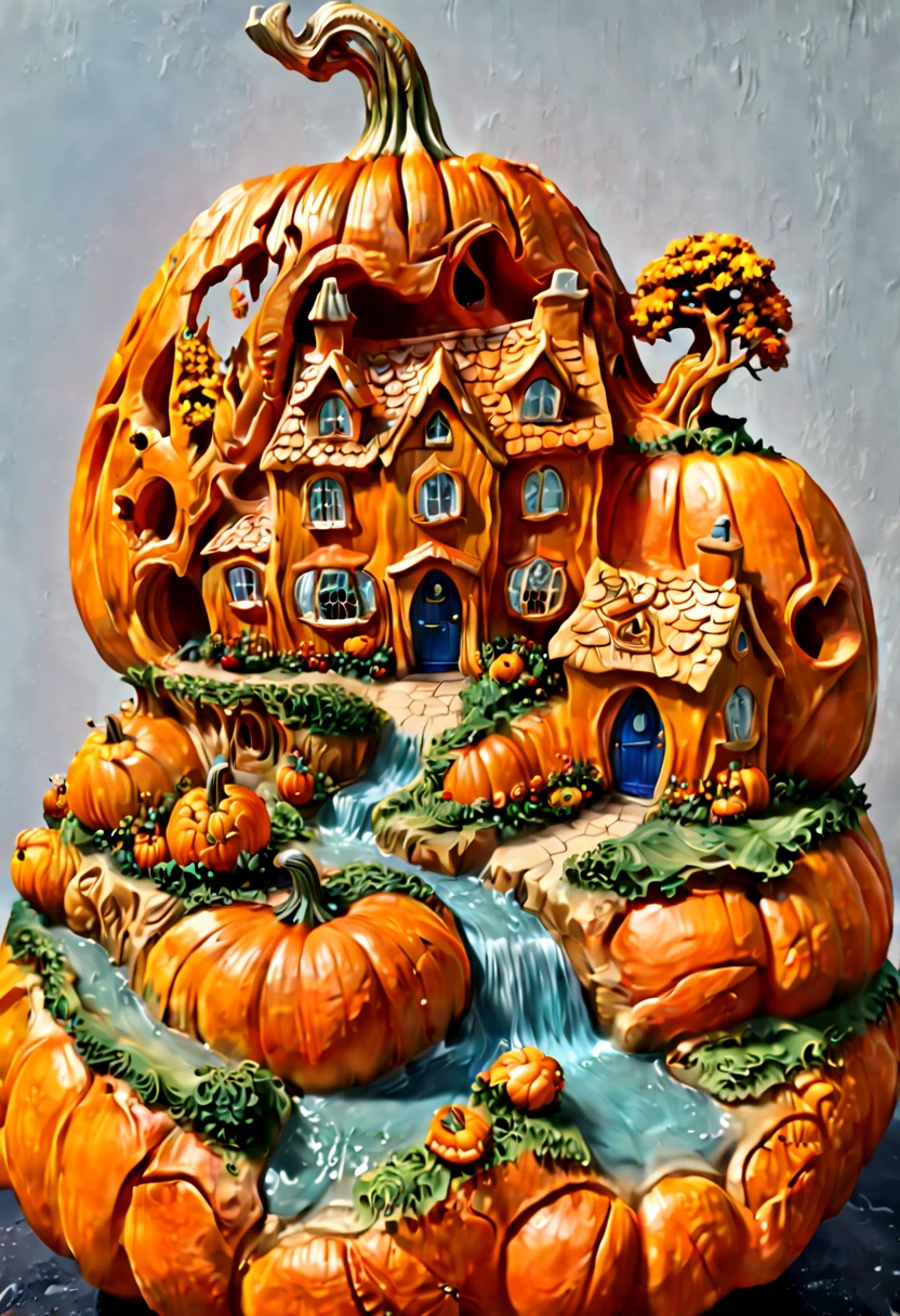 a beautiful cottage, scotland coastal village, (3d Pumpkin Carving), carved out of pumpkin, smooth surface, clean lines, octane render, fantasy art, whimsical, intricate, (best quality, masterpiece, Representative work, official art, Professional, 8k)