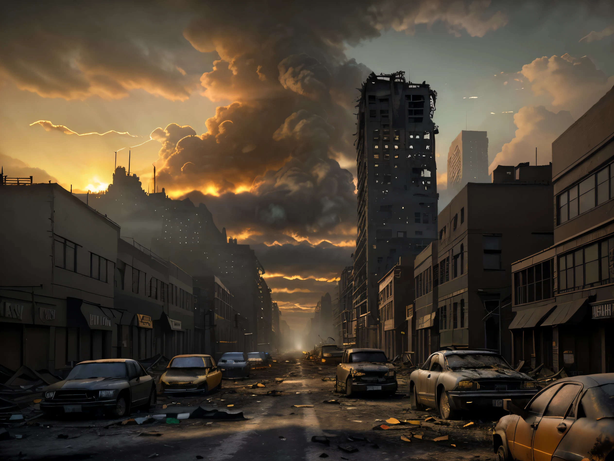 An apocalyptic city street in New York during sunrise, with ominous clouds hanging in the sky.
(best quality,4k,8k,highres,masterpiece:1.2),ultra-detailed,(realistic,photorealistic,photo-realistic:1.37), HDR, UHD, studio lighting, extreme detail description
brick buildings with broken windows, crumbling infrastructure, and overgrown ivy
desolate streets with abandoned cars and debris scattered
a lone figure walking through the wreckage, silhouette against the morning light
the city skyline is in ruins, with collapsed skyscrapers and billowing smoke
a dark and moody atmosphere, with shadows cast by the rising sun
ominous clouds cover the sky, hinting at the dark history of the city
a sense of decay and despair, portraying a post-apocalyptic world
the orange and yellow hues of the sunrise create a haunting and surreal ambiance
the light shining through the clouds creates dramatic and dynamic lighting effects