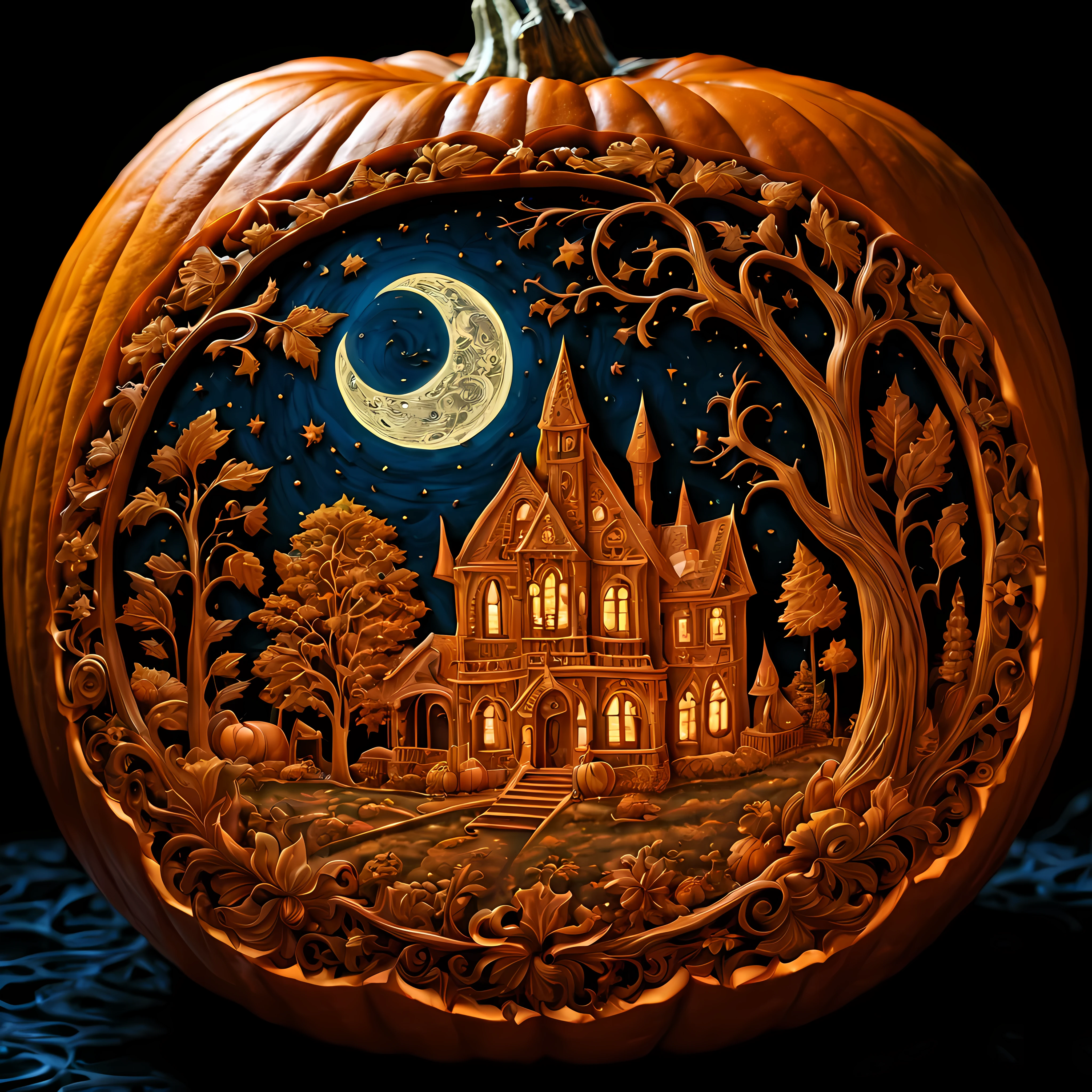 Masterpiece in maximum 16K resolution. | (A meticulously carved pumpkin:1.3) with an intricate rich gothic design. | Complex patterns, (((ethereal glow)), eerie, surreal enchanting moonlit starry night. | ((More_Detail))