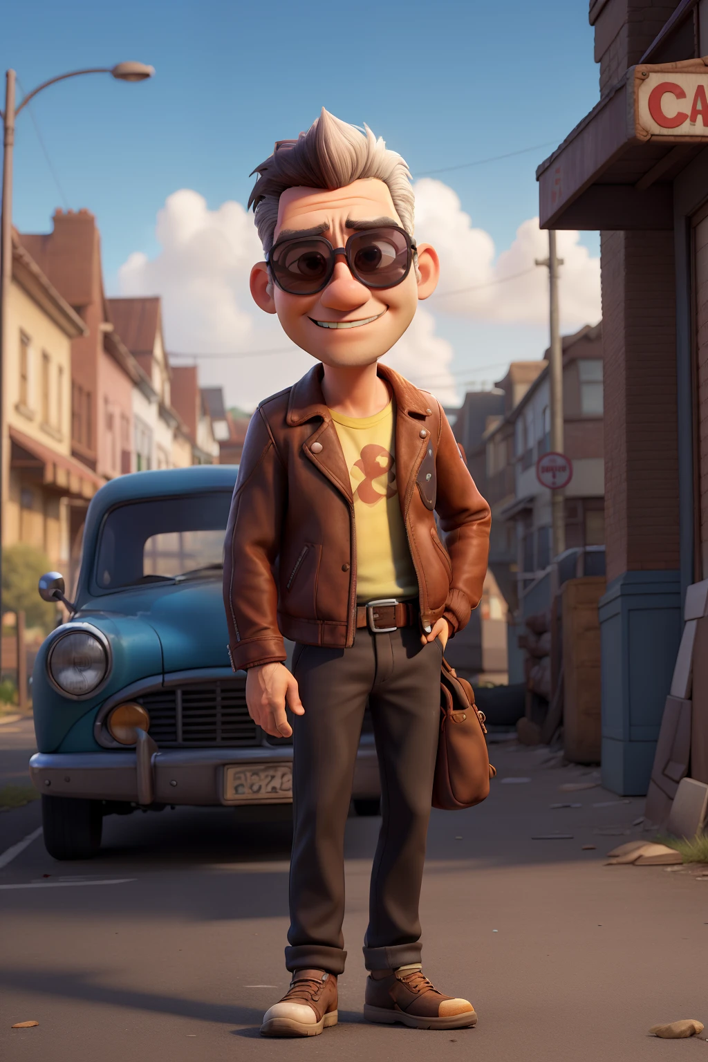 Create a cartoon character image of a man with sunglasses and a leather jacket leaning against an old car parked on an abandoned street, animation character, Caractere estilizado, animation style rendering, 3D estilizado, Arnold Maya rendering.