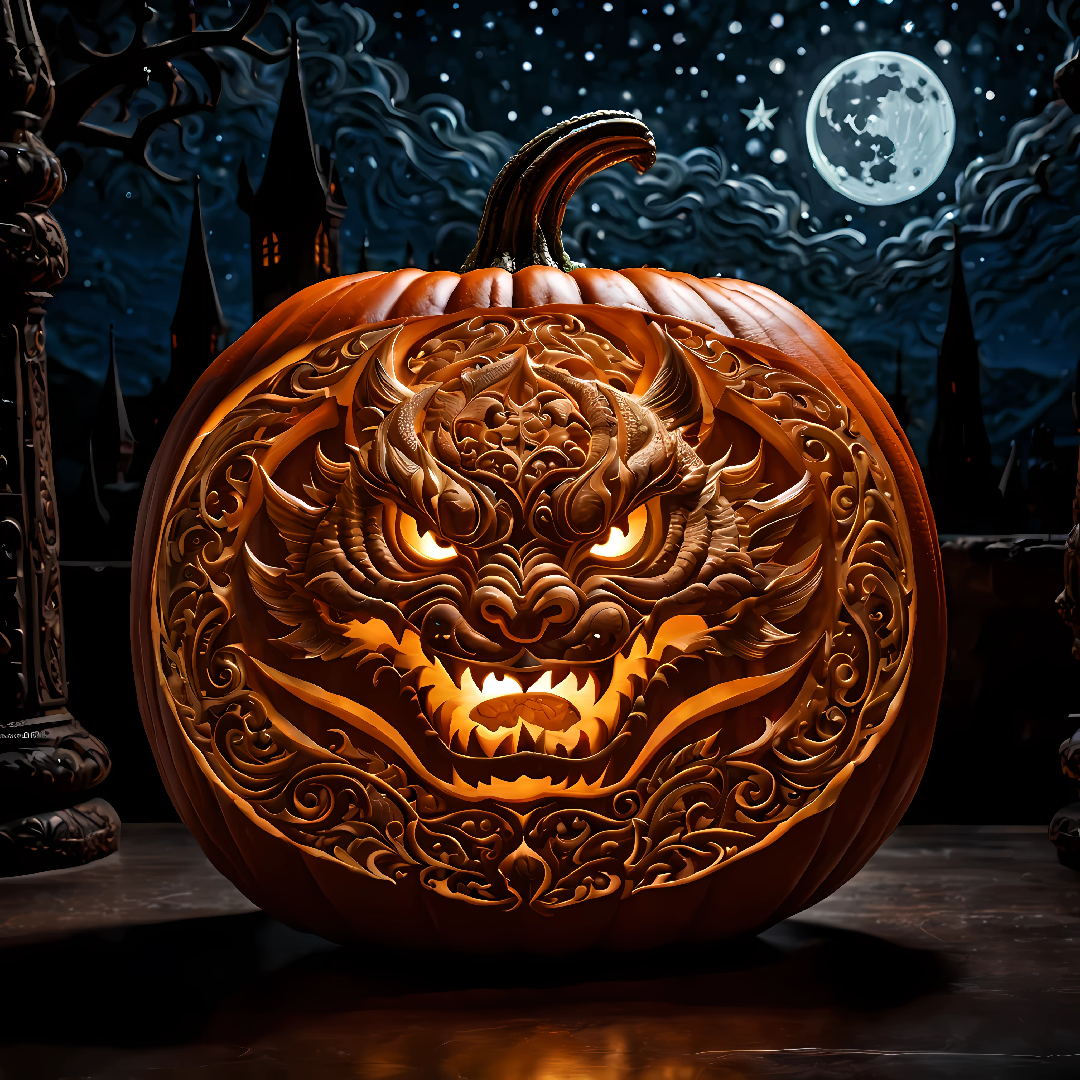 Masterpiece in maximum 16K resolution. | (A meticulously carved pumpkin:1.3) with an intricate rich gothic design. | Complex patterns, (((ethereal glow)), eerie, surreal enchanting moonlit starry night. | ((Mighty dragon warrior)). | ((More_Detail))