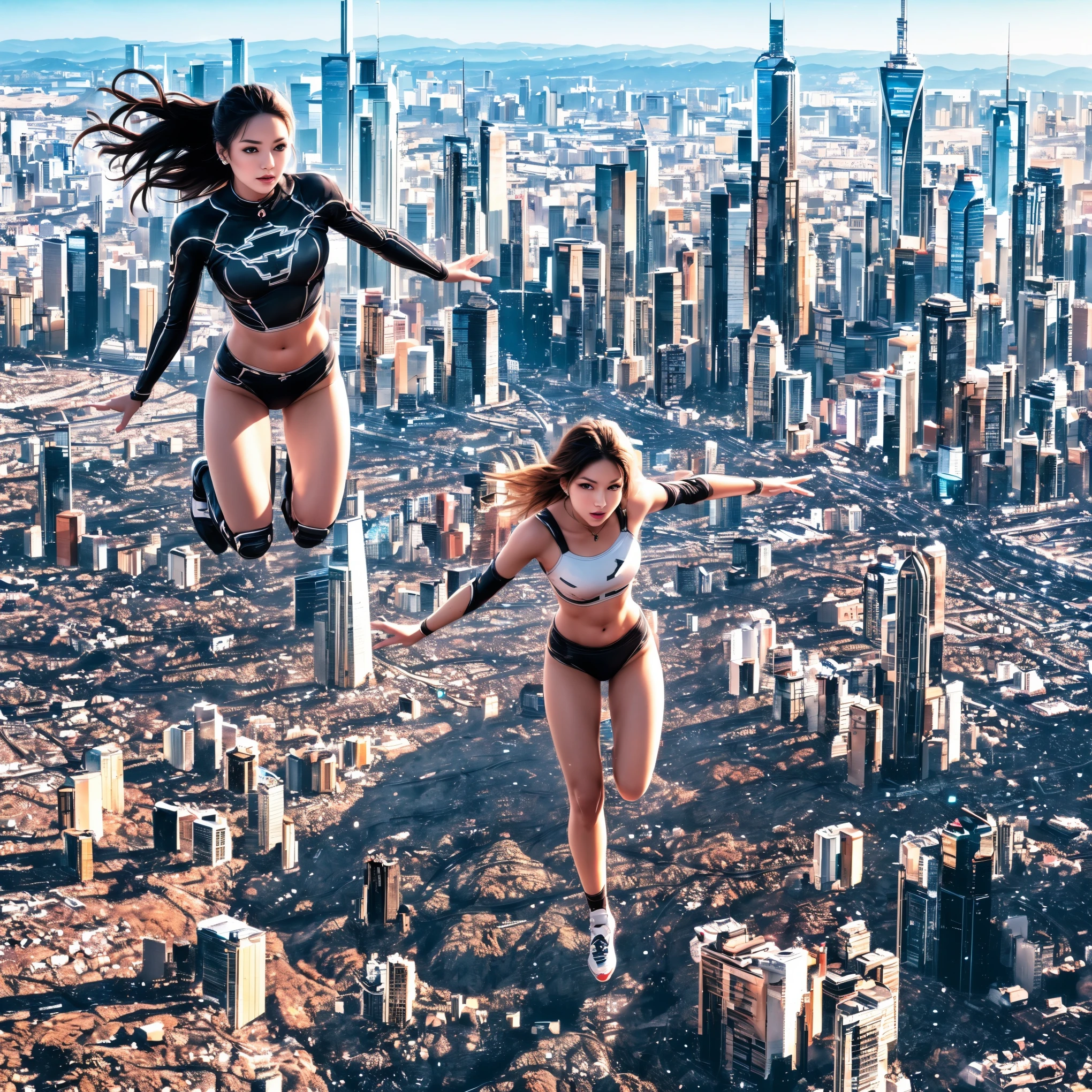 Superhero girl in bikini flying in big city with skyscrapers. luxury cars